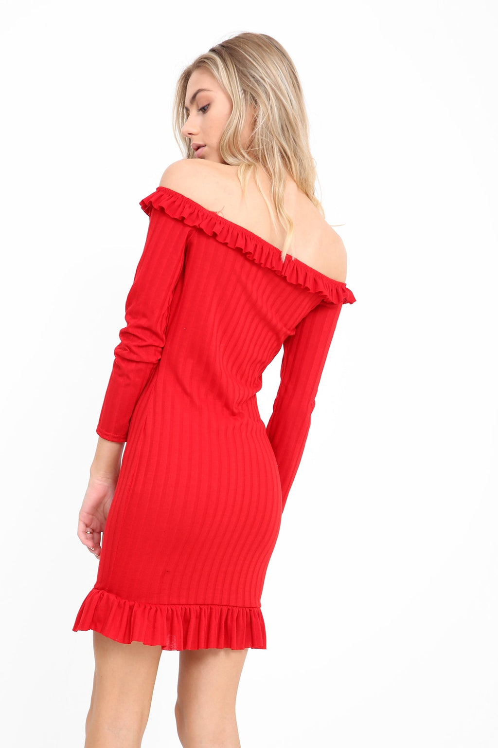 Frill Detail Ribbed Bardot Dress