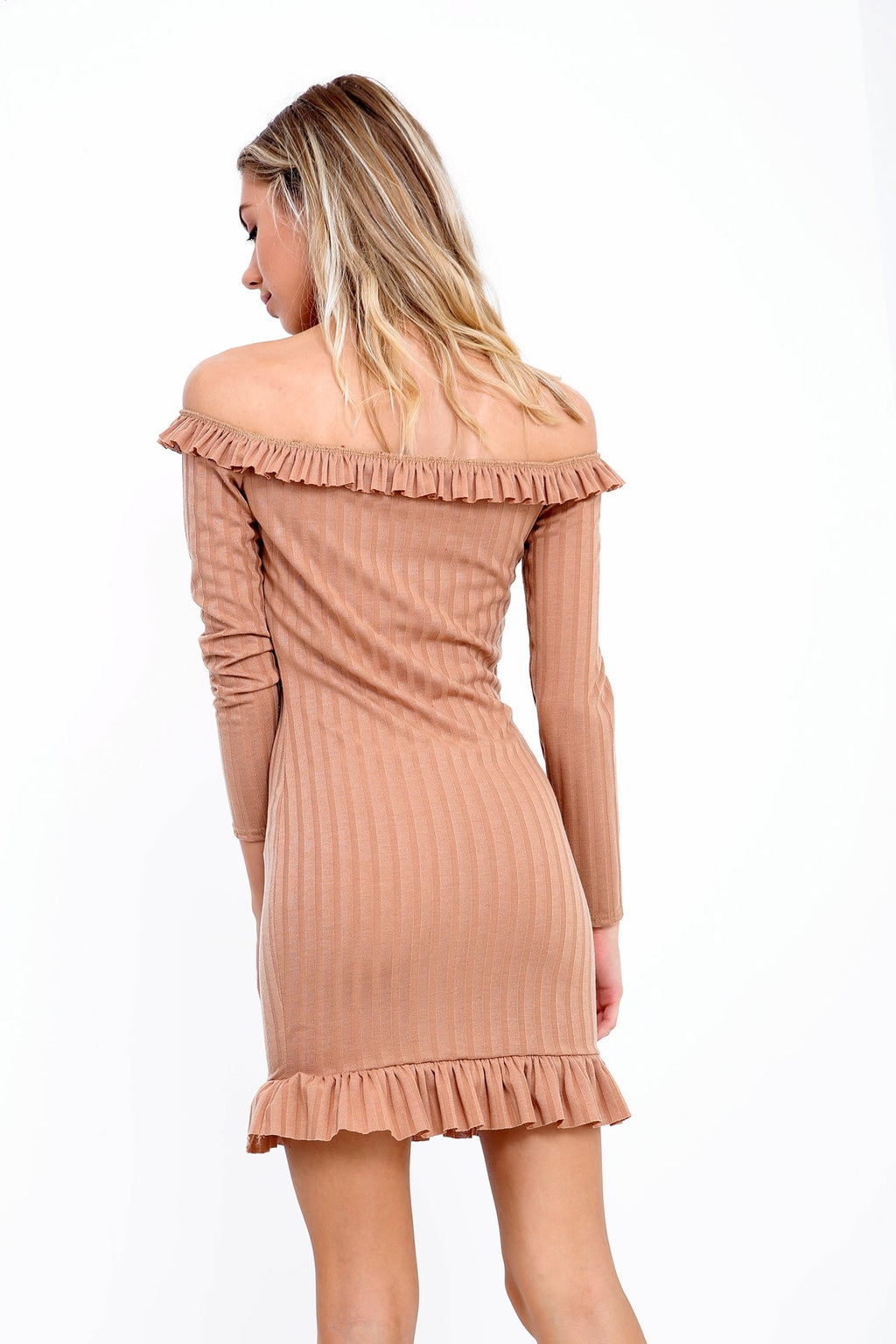 Frill Detail Ribbed Bardot Dress