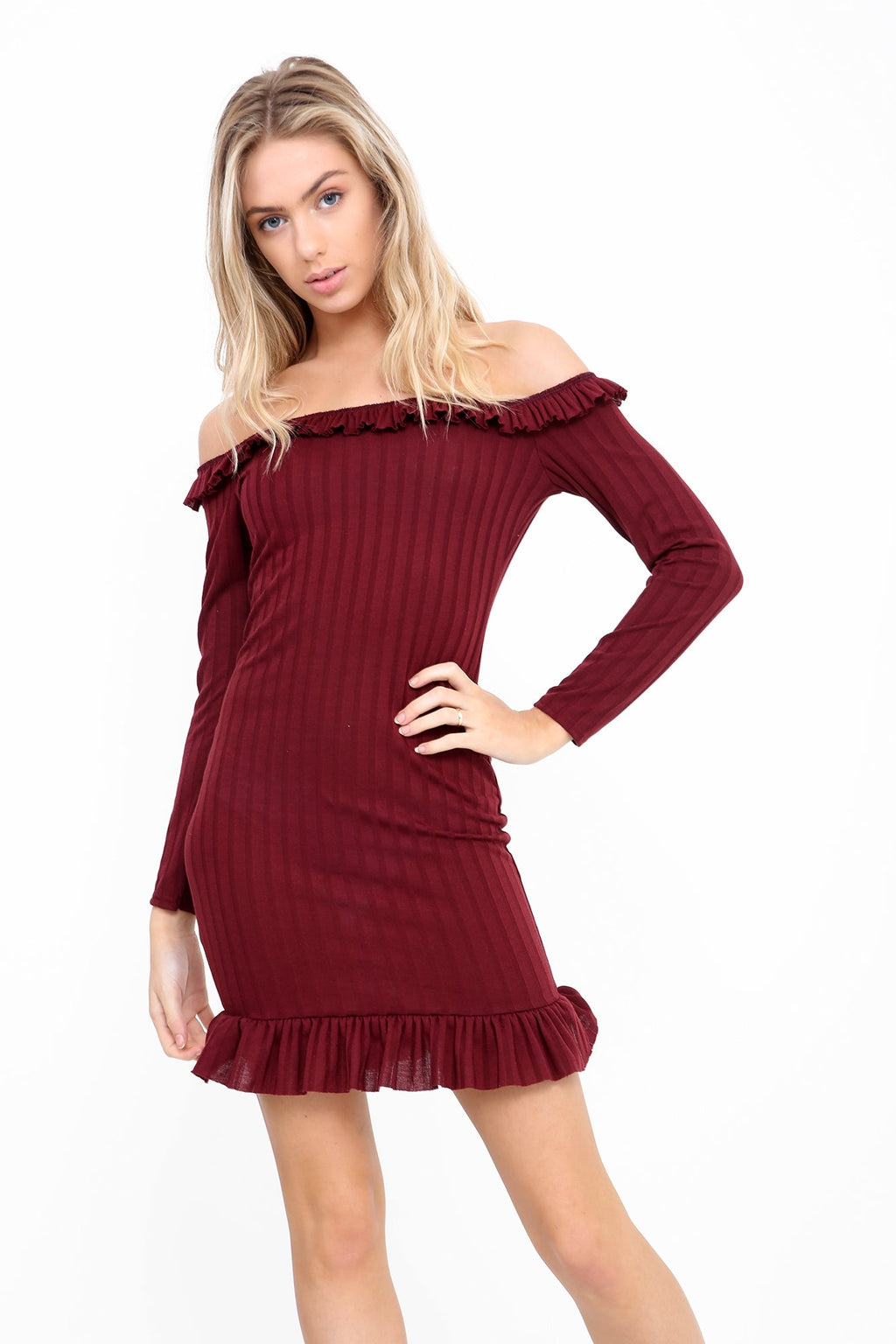 Frill Detail Ribbed Bardot Dress
