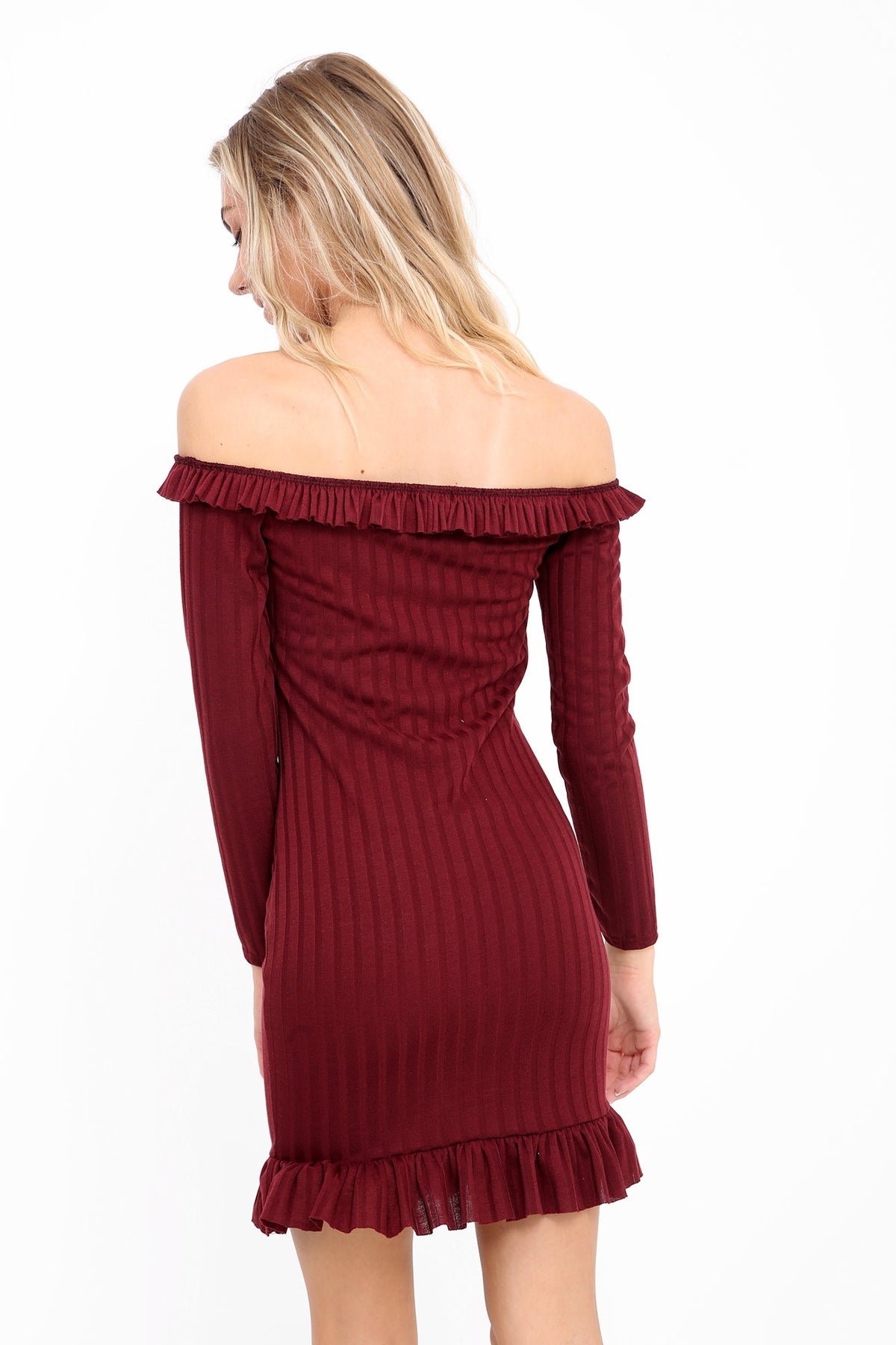 Frill Detail Ribbed Bardot Dress