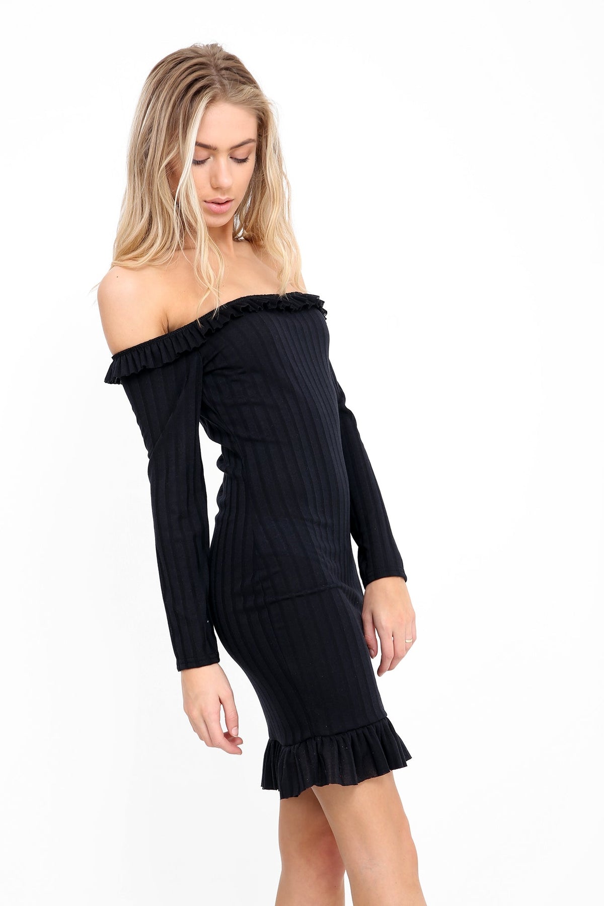 Frill Detail Ribbed Bardot Dress
