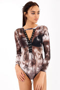 Tie Dye Choker Neck Eyelet Bodysuit
