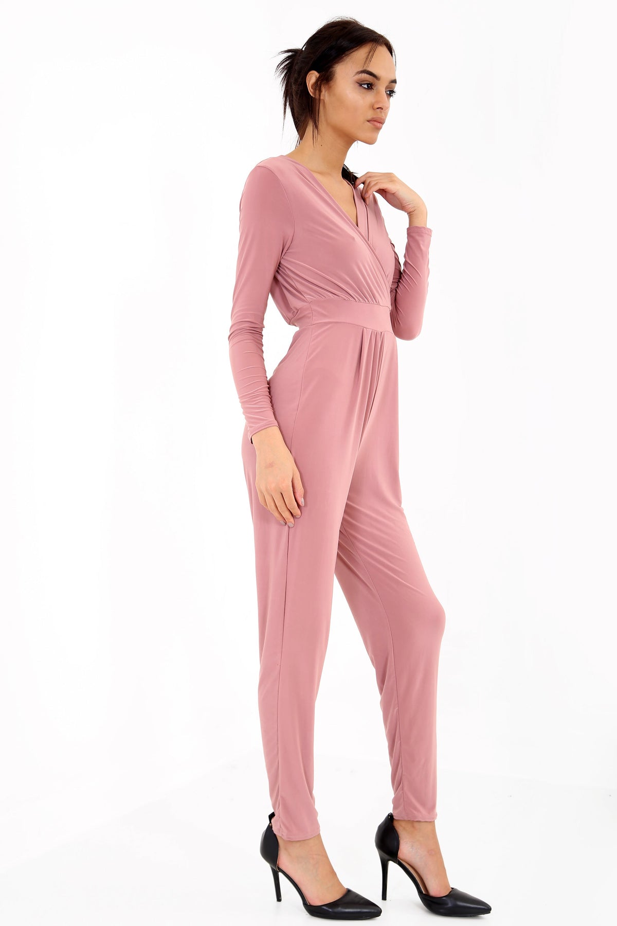 Long Sleeve Wrap Over Slinky Jumpsuit