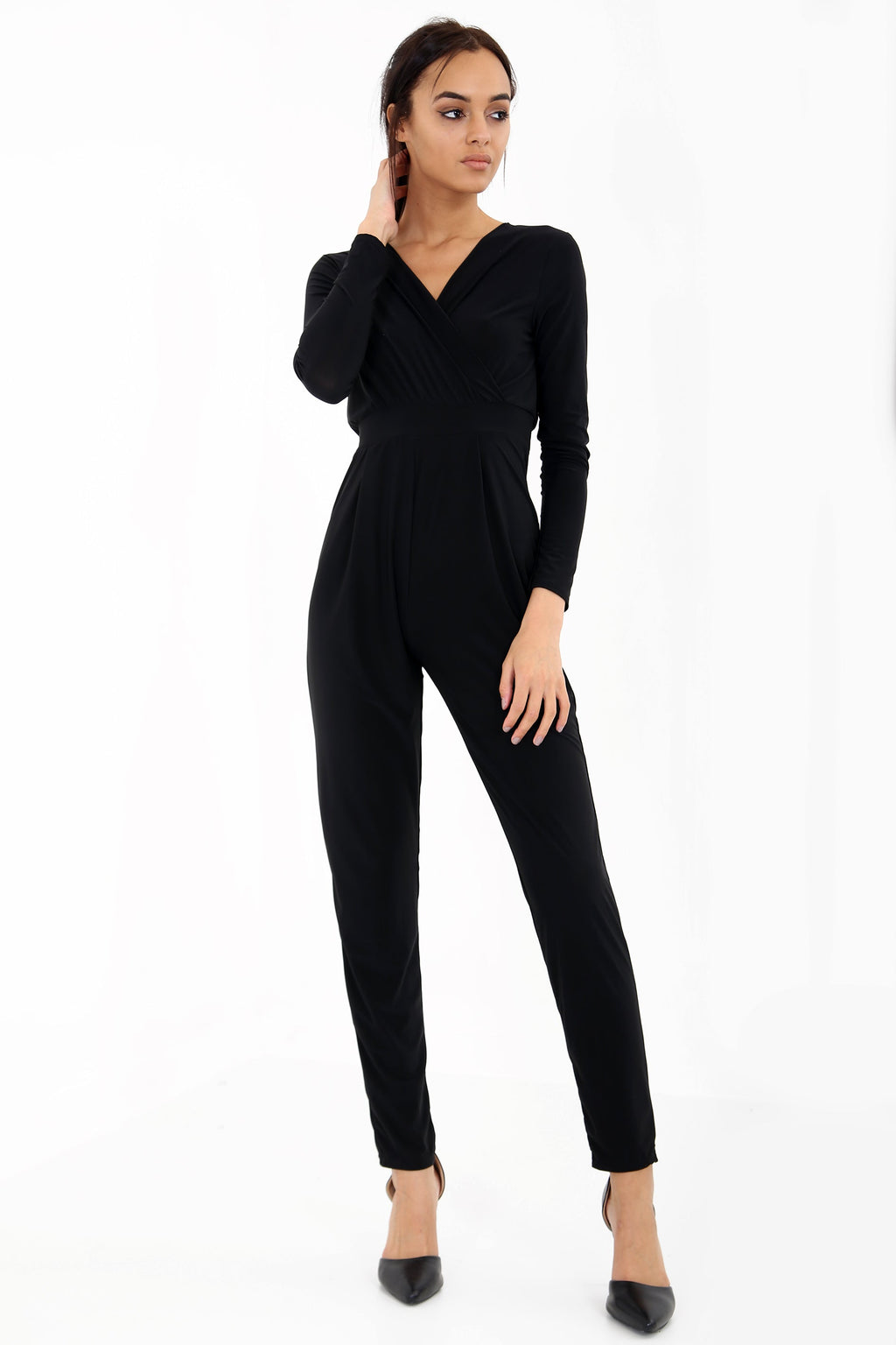 Long Sleeve Wrap Over Slinky Jumpsuit
