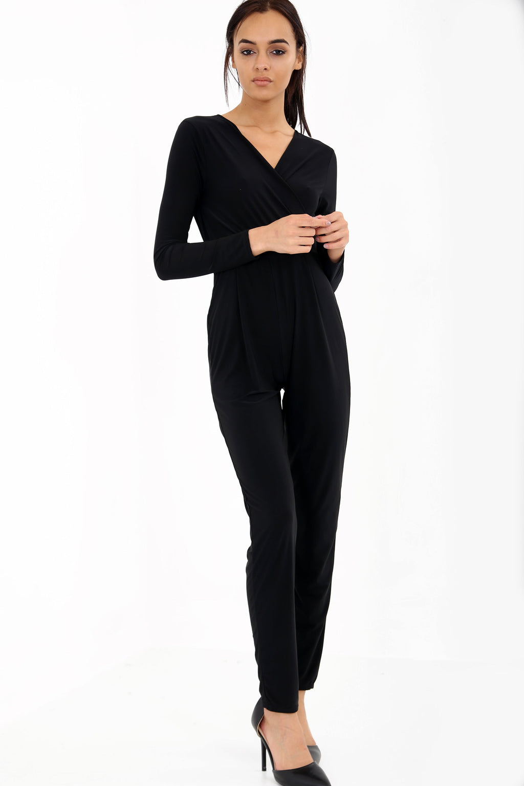 Long Sleeve Wrap Over Slinky Jumpsuit