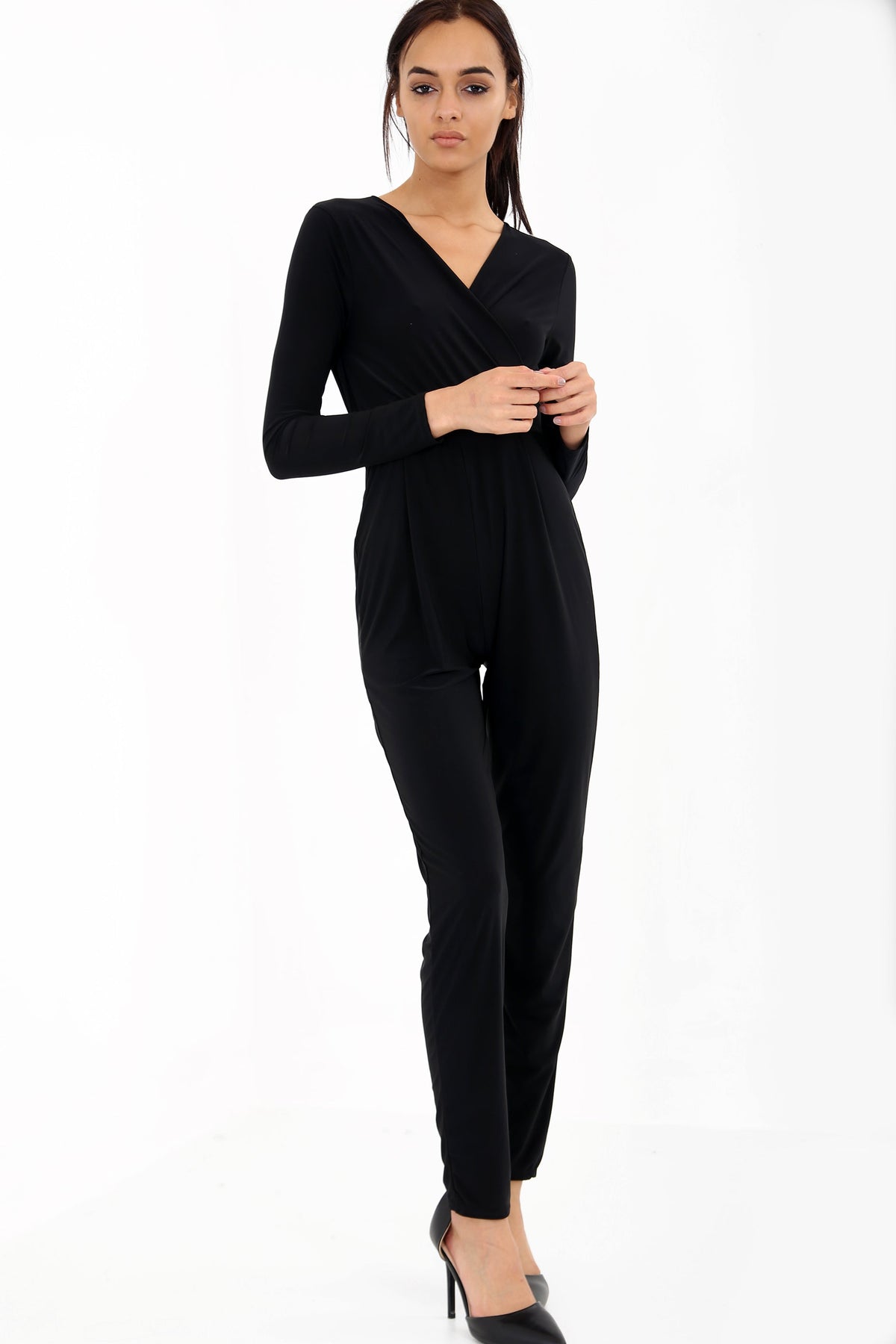 Long Sleeve Wrap Over Slinky Jumpsuit