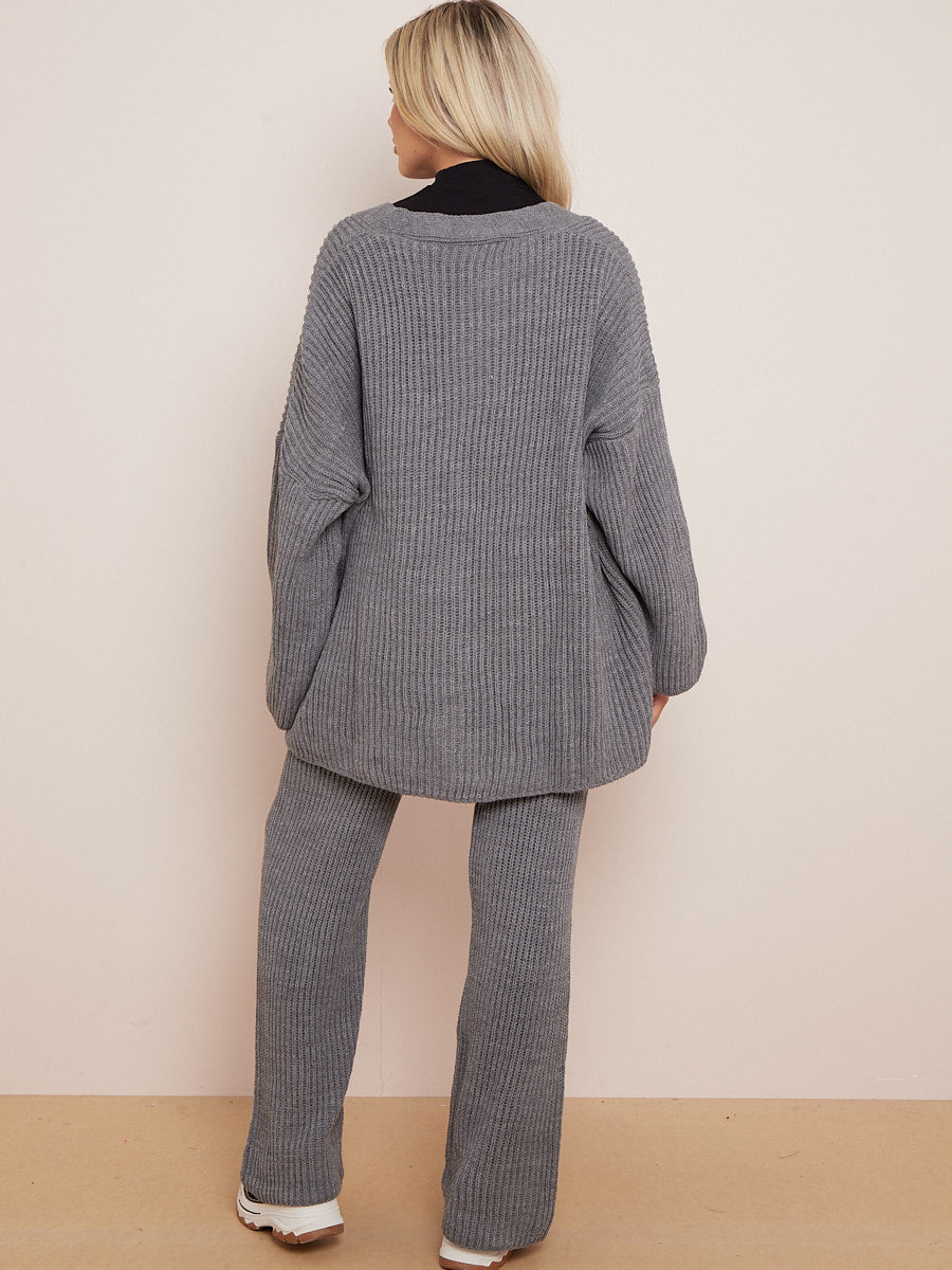 Knitted Drop Shoulder Buttoned Cardigan & Wide Leg Trouser Co-ord
