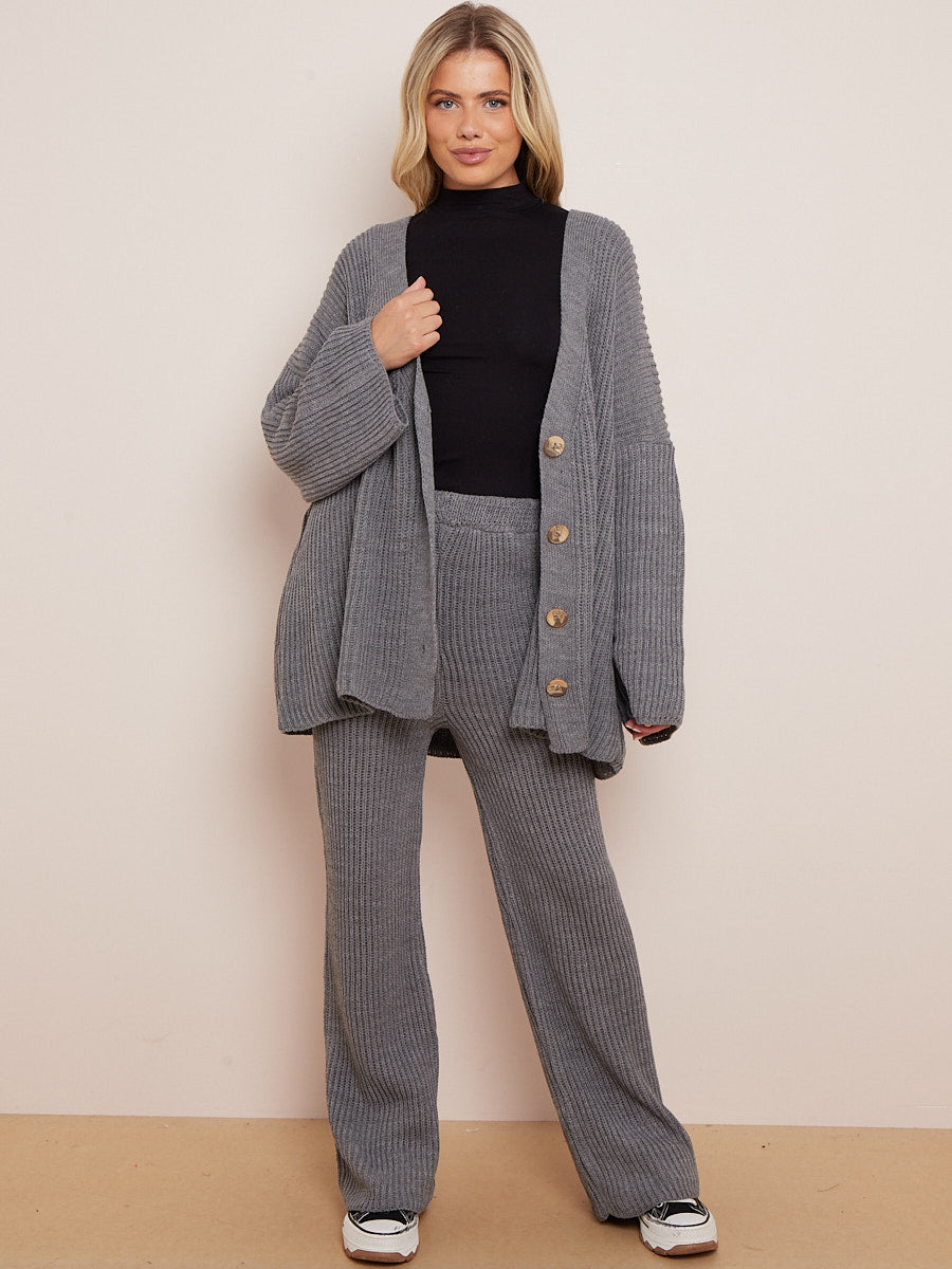 Knitted Drop Shoulder Buttoned Cardigan & Wide Leg Trouser Co-ord