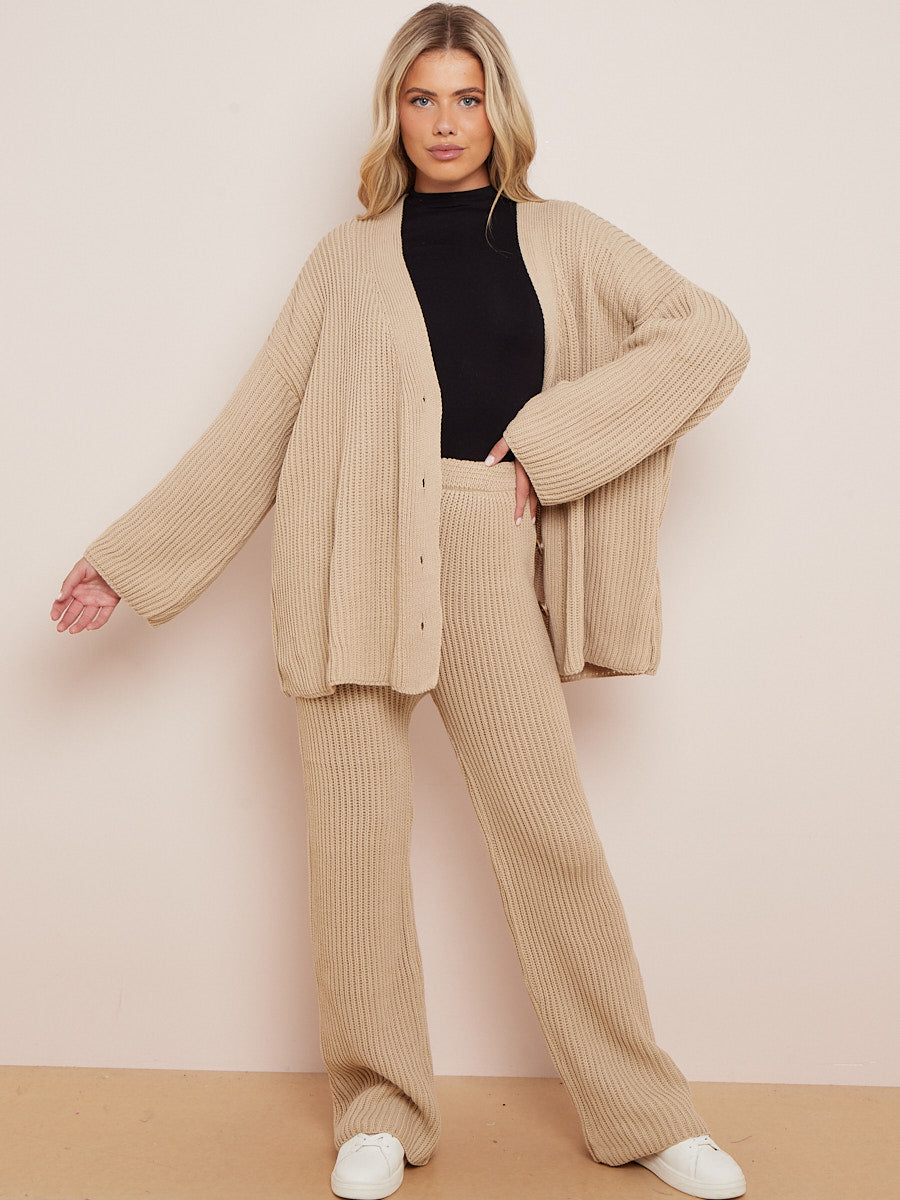 Knitted Drop Shoulder Buttoned Cardigan & Wide Leg Trouser Co-ord
