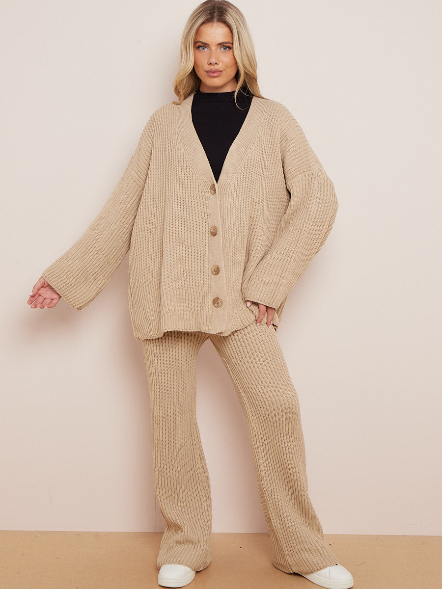 Knitted Drop Shoulder Buttoned Cardigan & Wide Leg Trouser Co-ord