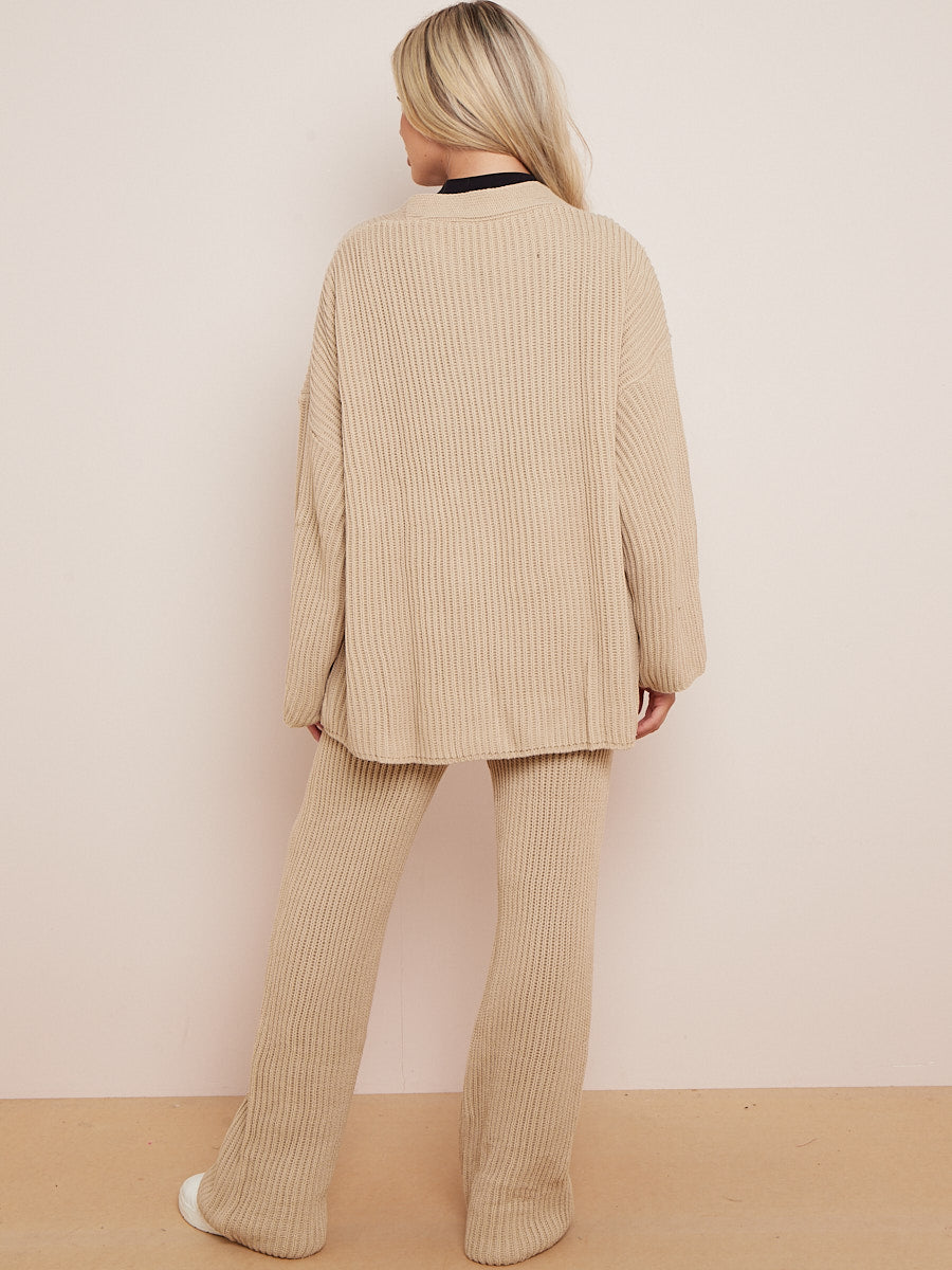 Knitted Drop Shoulder Buttoned Cardigan & Wide Leg Trouser Co-ord