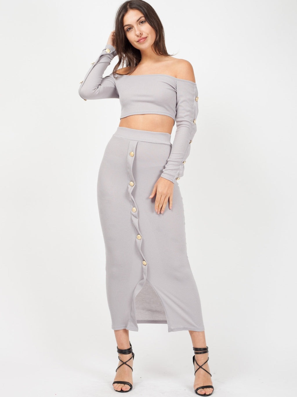 Button Trim Ribbed Crop Top & Maxi Skirt Co-ord