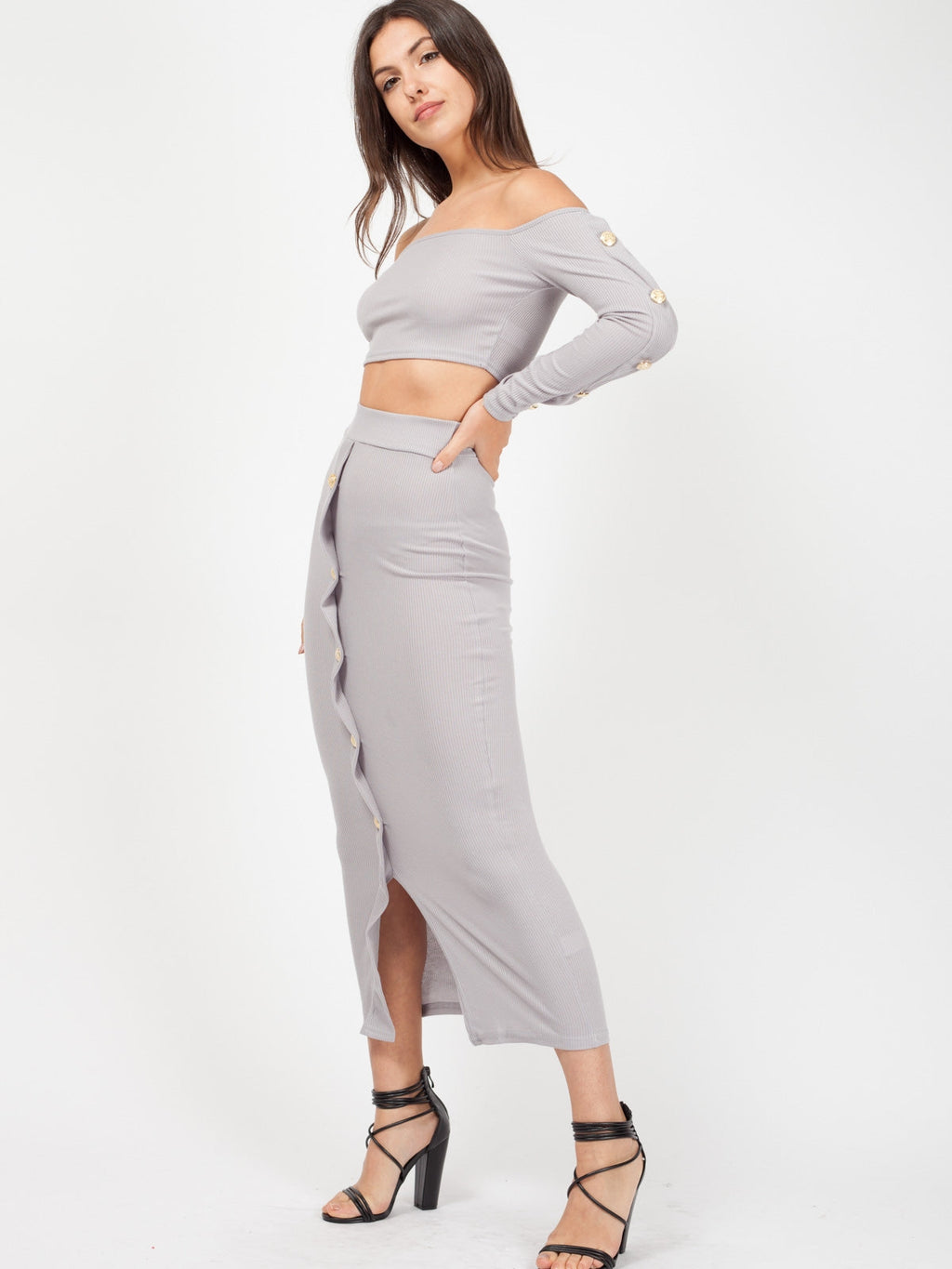 Button Trim Ribbed Crop Top & Maxi Skirt Co-ord