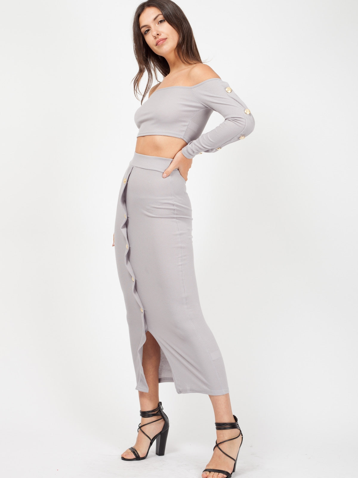 Button Trim Ribbed Crop Top & Maxi Skirt Co-ord