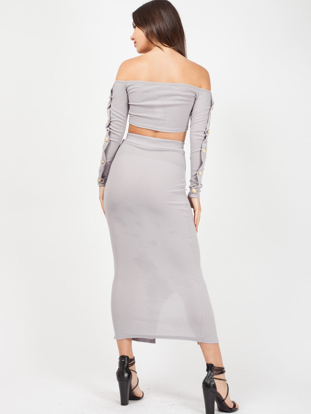 Button Trim Ribbed Crop Top & Maxi Skirt Co-ord
