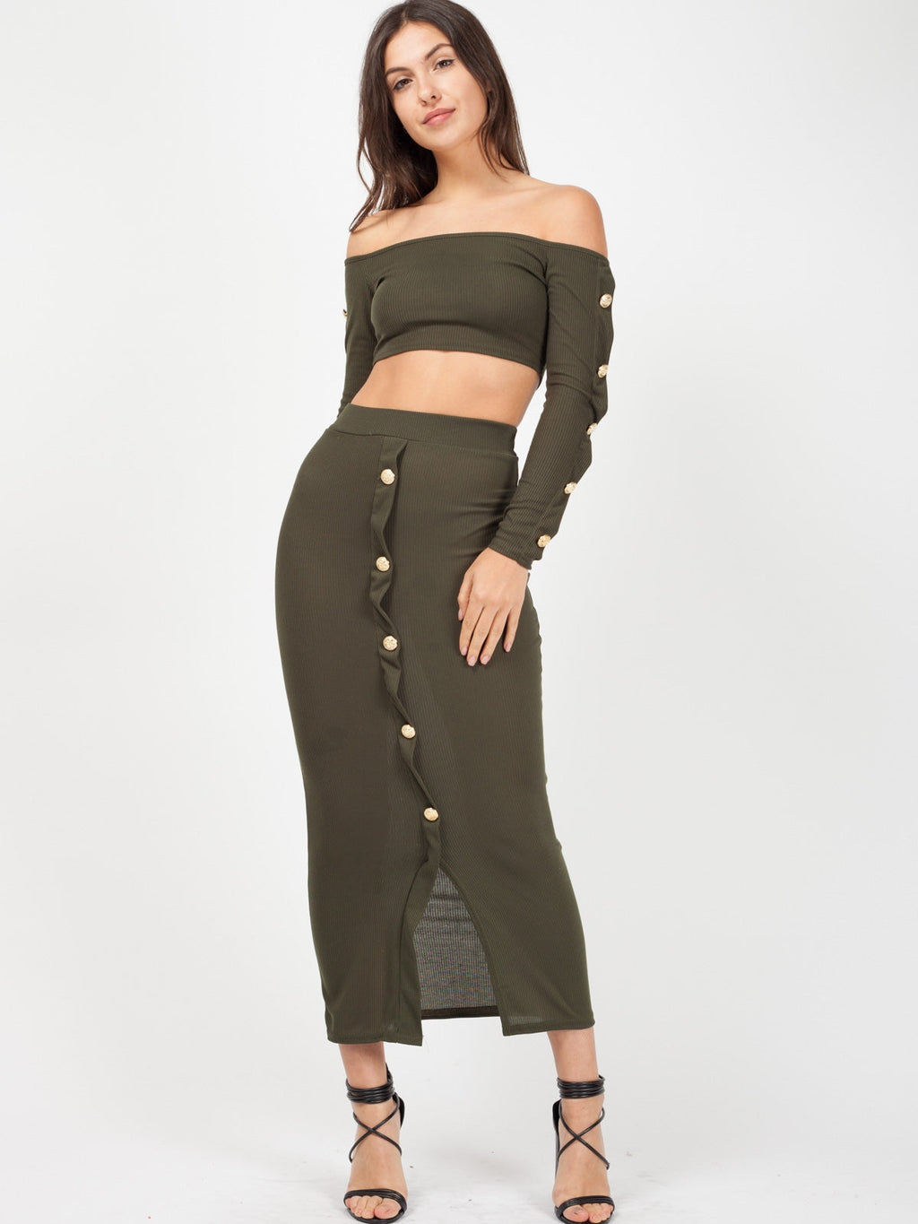 Button Trim Ribbed Crop Top & Maxi Skirt Co-ord