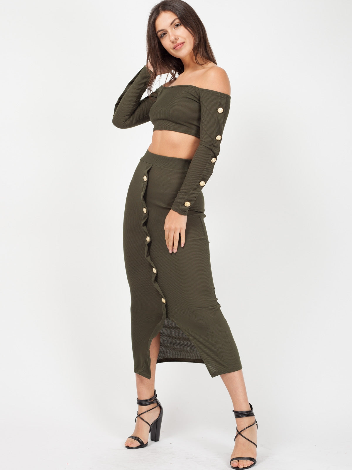 Button Trim Ribbed Crop Top & Maxi Skirt Co-ord