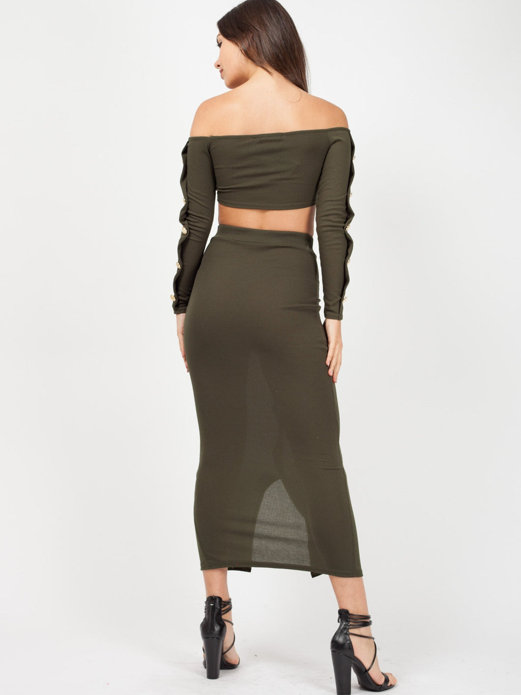 Button Trim Ribbed Crop Top & Maxi Skirt Co-ord