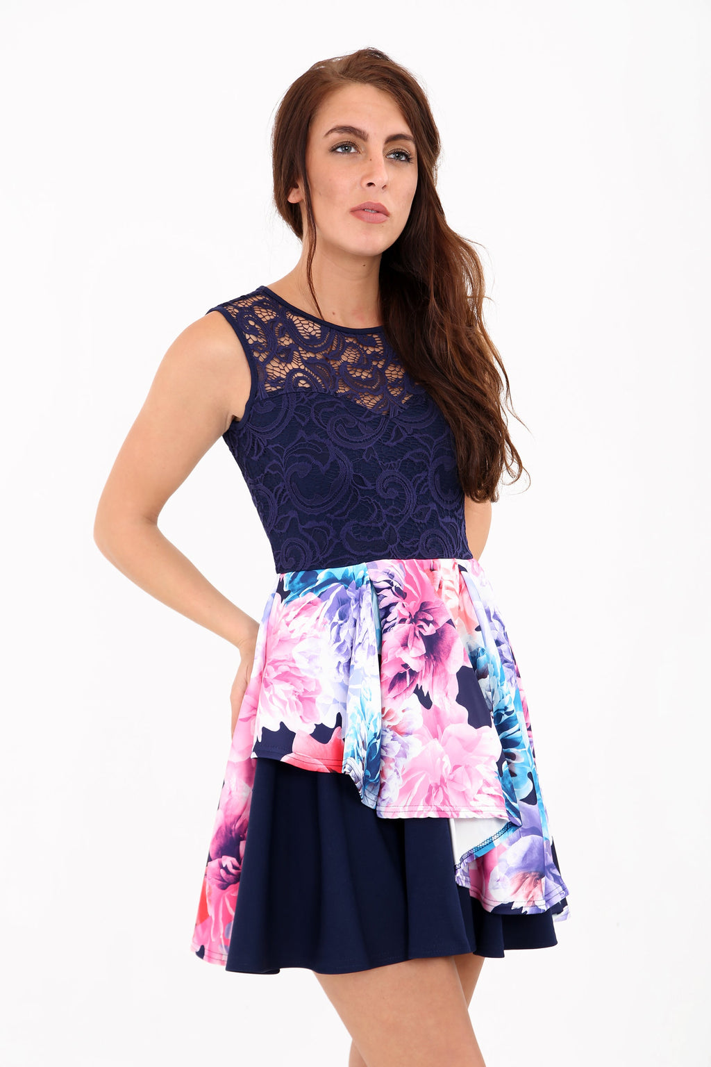 Printed Floral Lace Double Frill Skater Dress