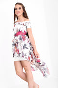 Floral Print Asymmetric Dip Hem Chiffon Bardot Dress