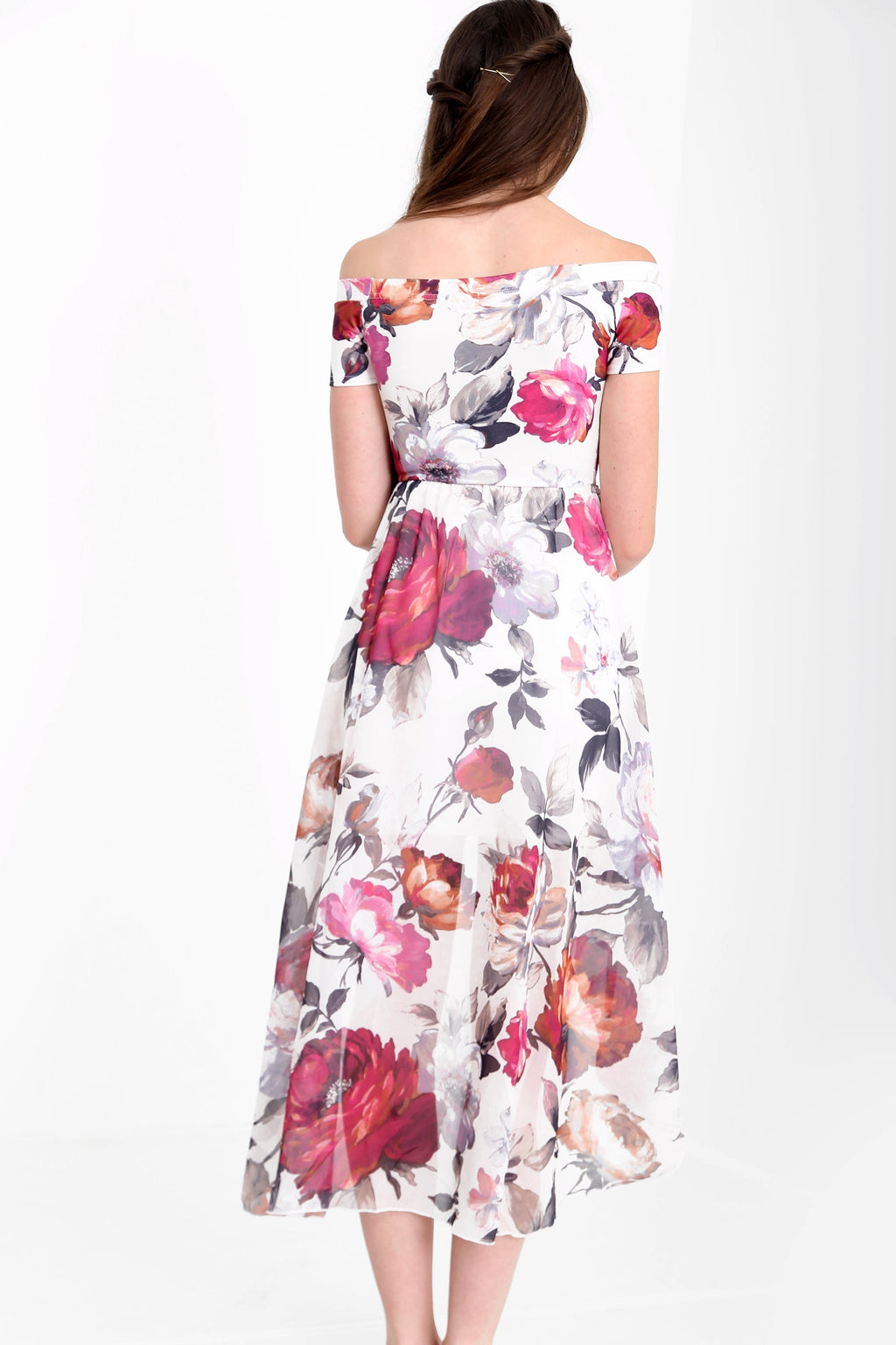Floral Print Asymmetric Dip Hem Chiffon Bardot Dress