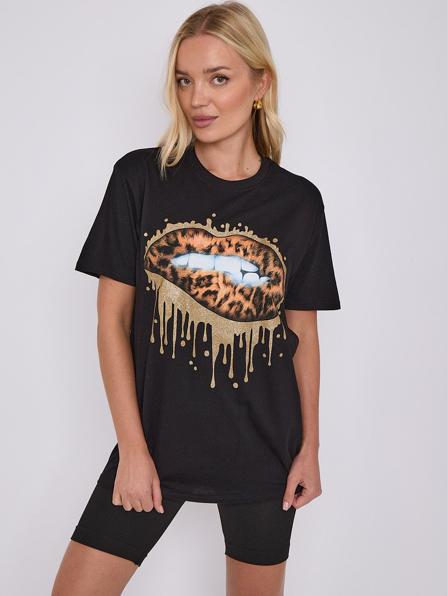 Gold Drip Lip Graphic Printed T-Shirt