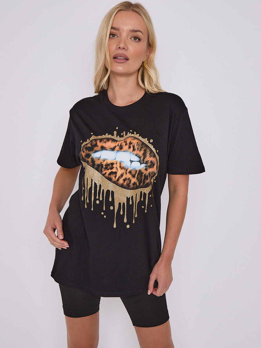 Gold Drip Lip Graphic Printed T-Shirt