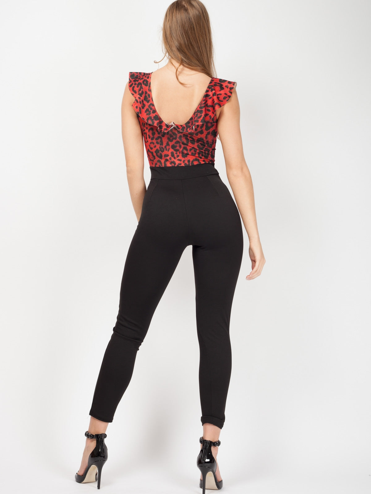 Lurex Leopard Print Frill Jumpsuit
