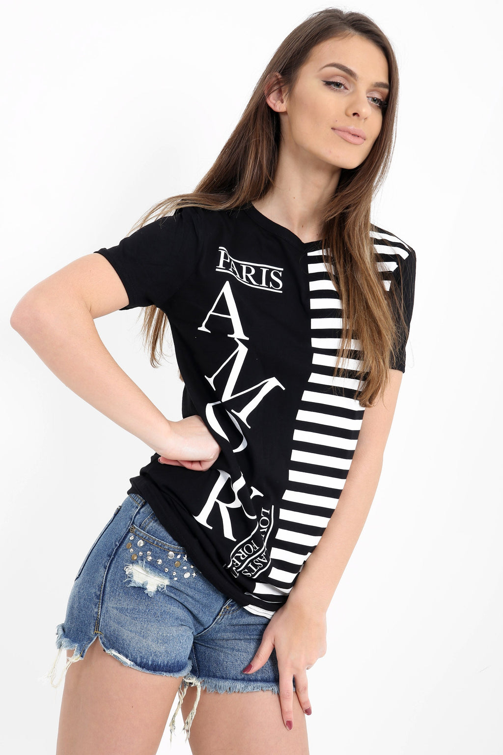Striped Amour Slogan Printed T Shirt