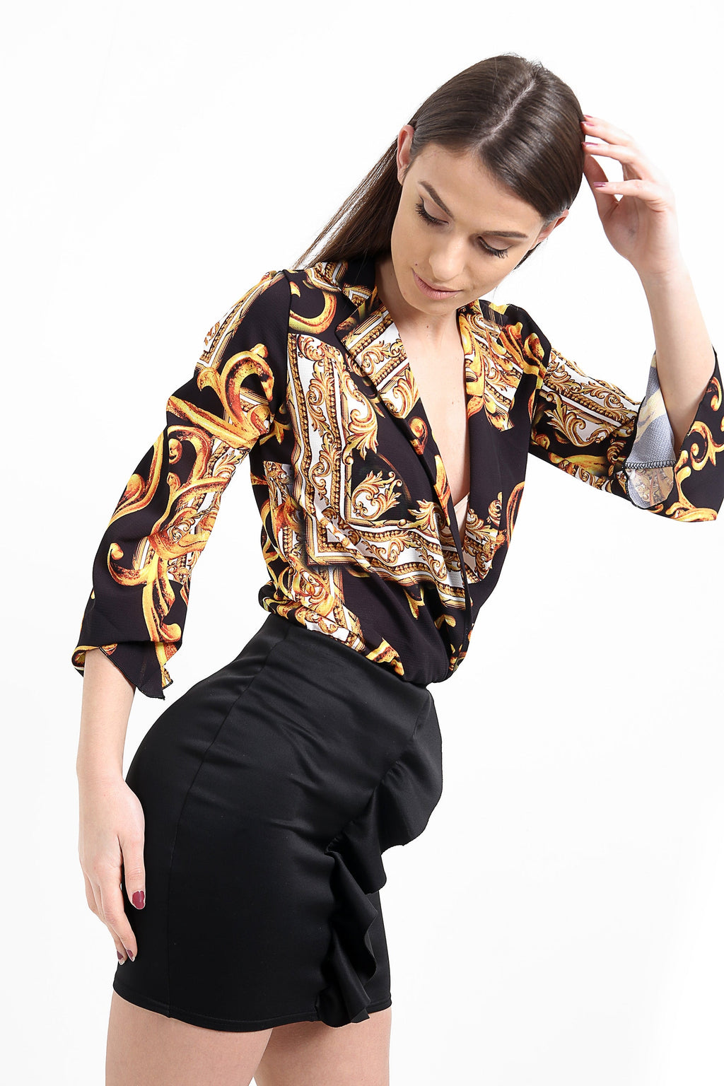 Patterned Print Wrap Front Bodysuit
