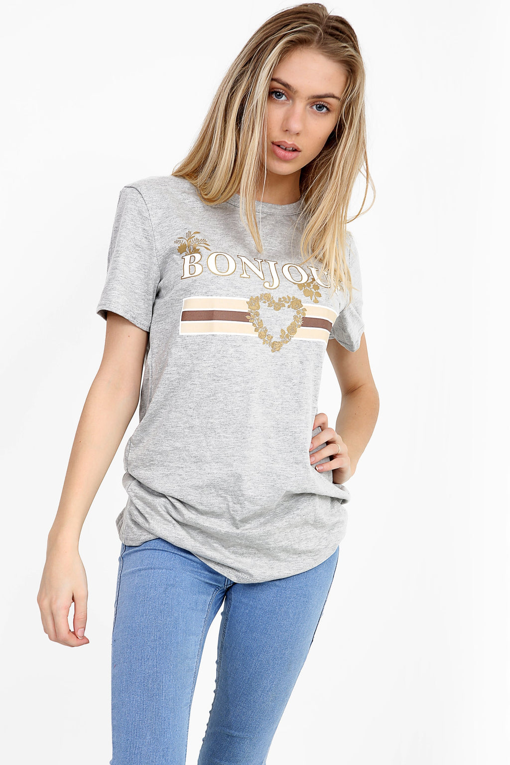 Bonjour Slogan Printed T Shirt