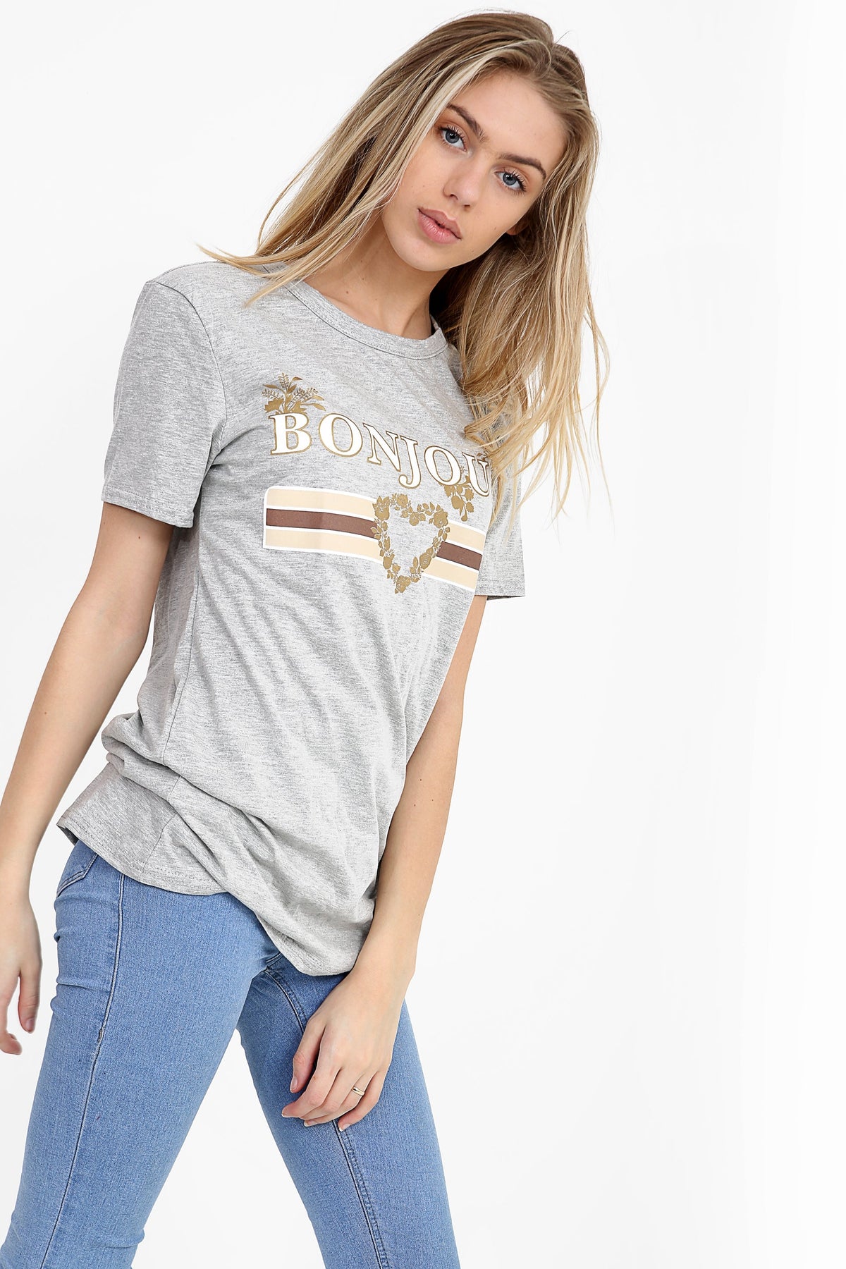 Bonjour Slogan Printed T Shirt