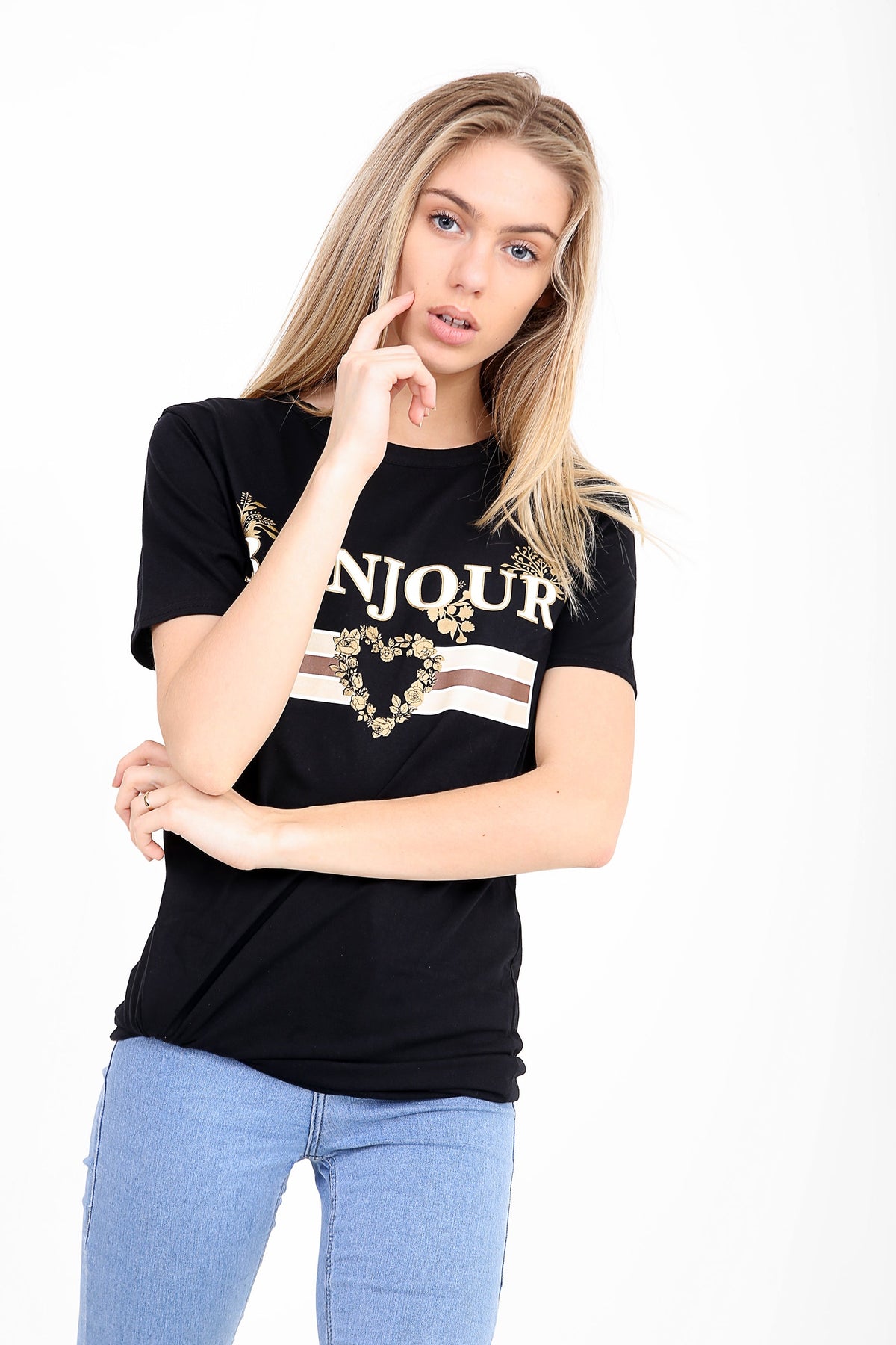 Bonjour Slogan Printed T Shirt