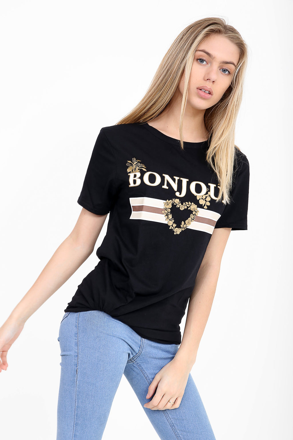Bonjour Slogan Printed T Shirt