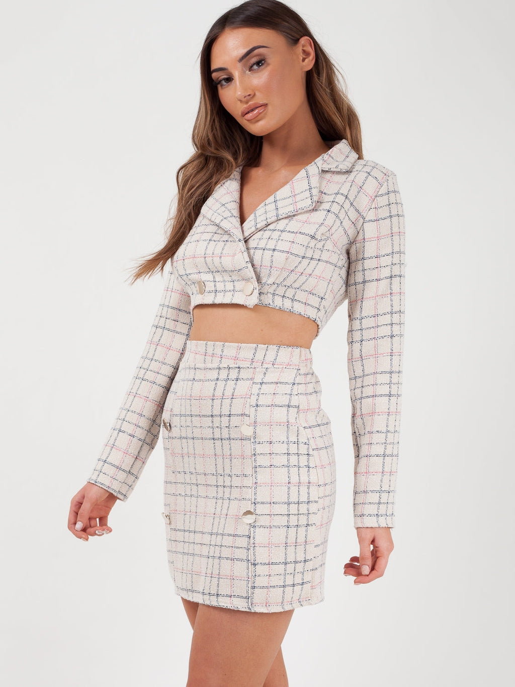 Checked Crop Jacket & Skirt Co-ord