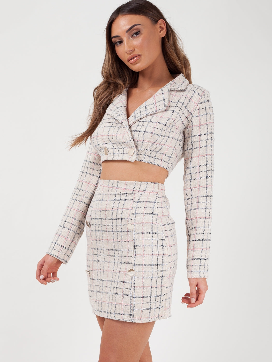 Checked Crop Jacket & Skirt Co-ord