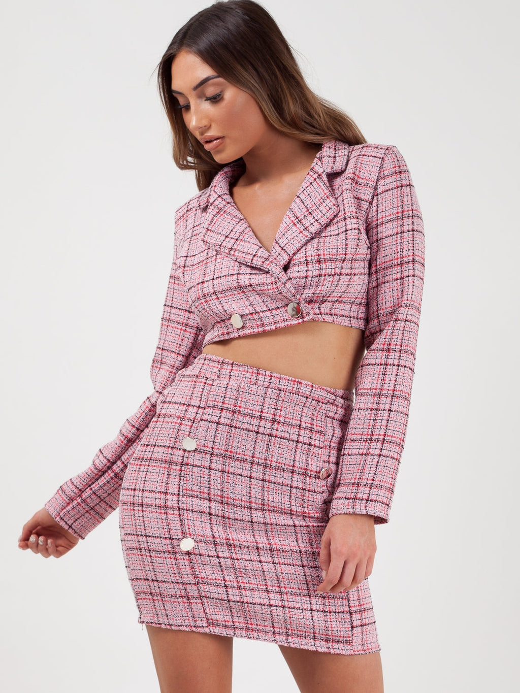 Checked Crop Jacket & Skirt Co-ord