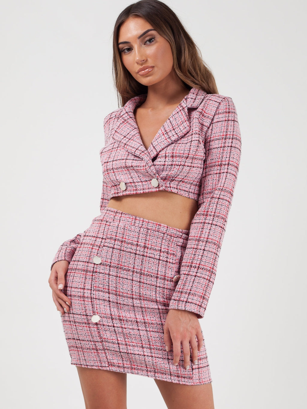 Checked Crop Jacket & Skirt Co-ord