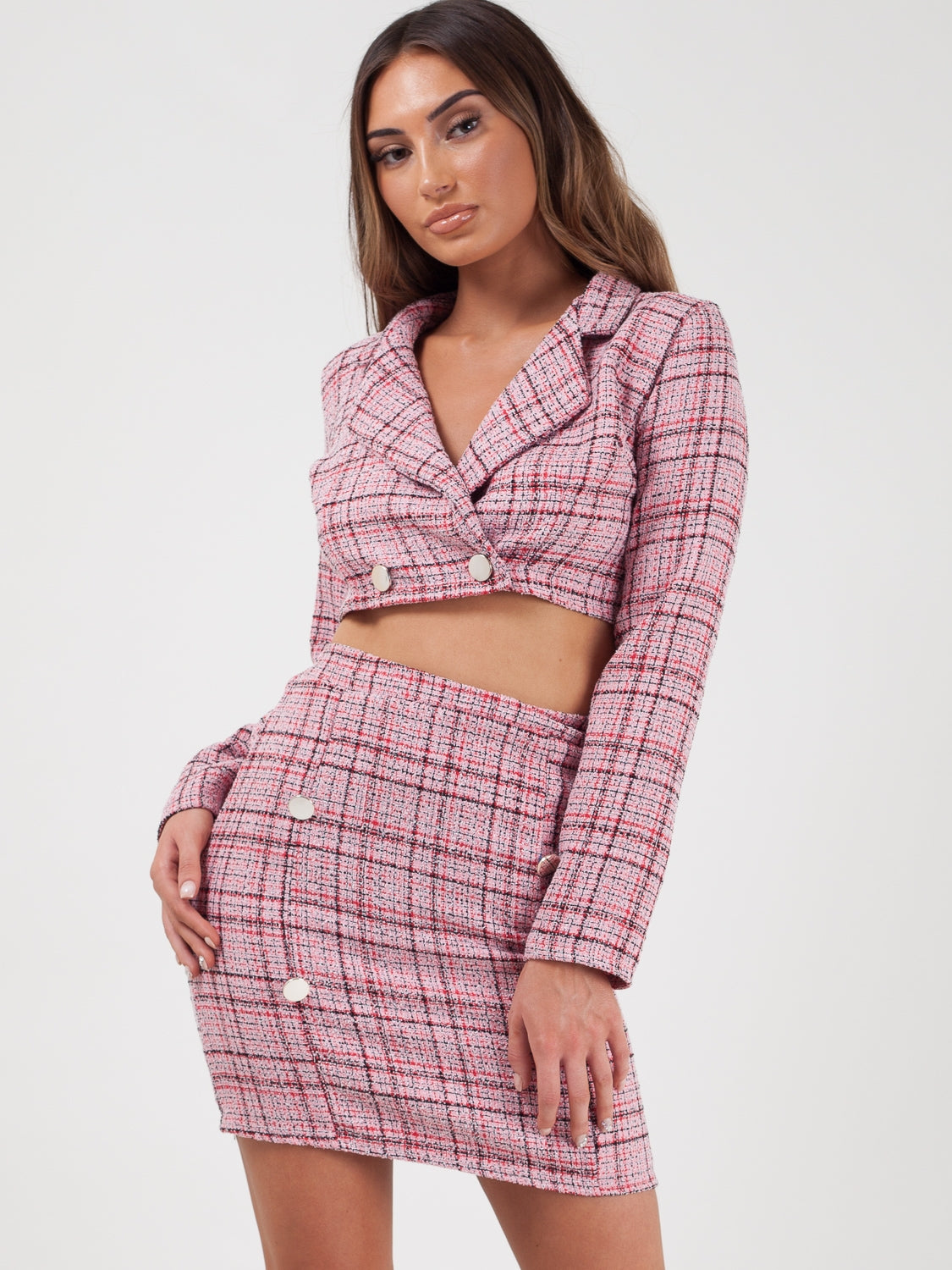 Checked Crop Jacket & Skirt Co-ord