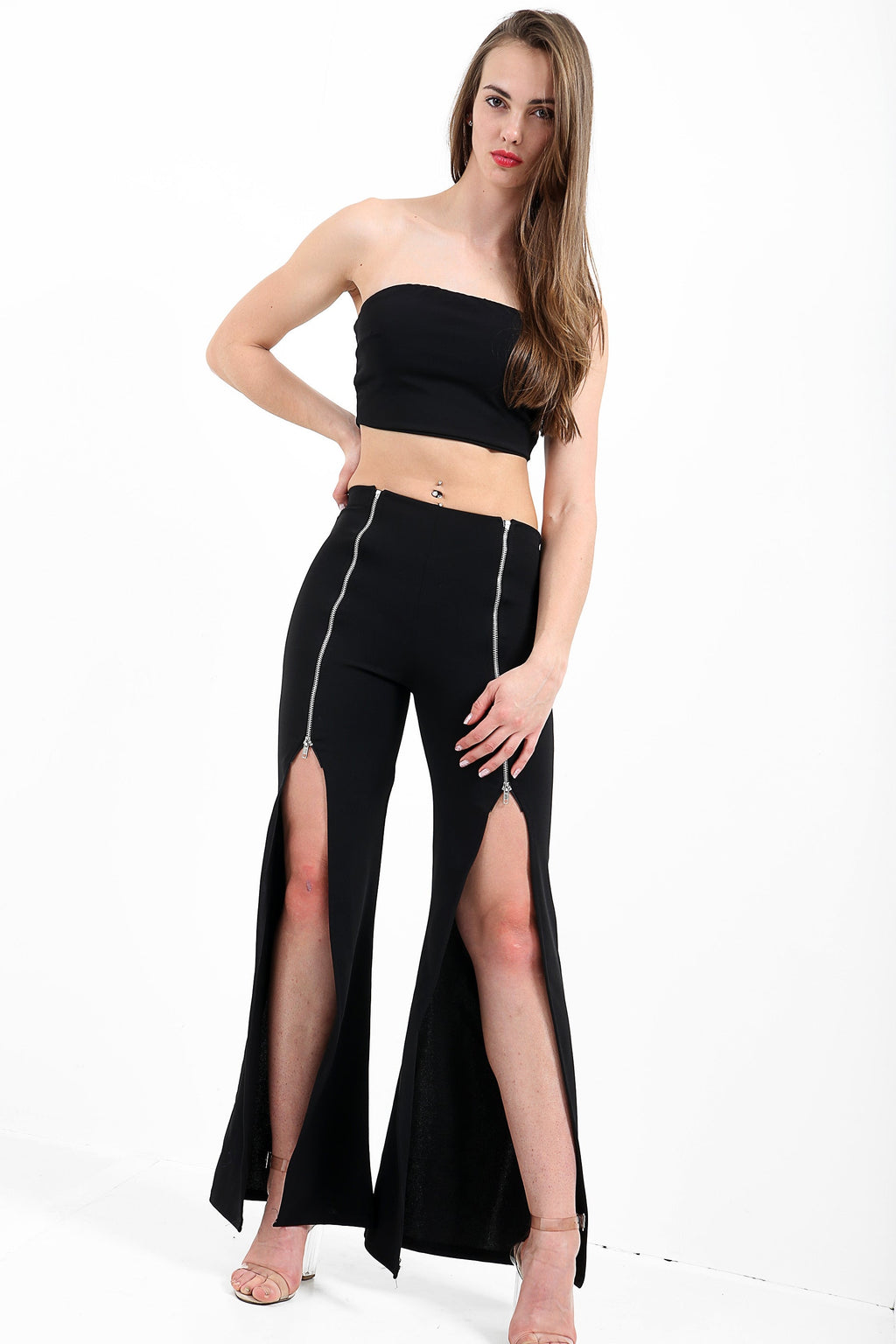 Bandeau Crop Top And Zip Front Trousers Co-Ord