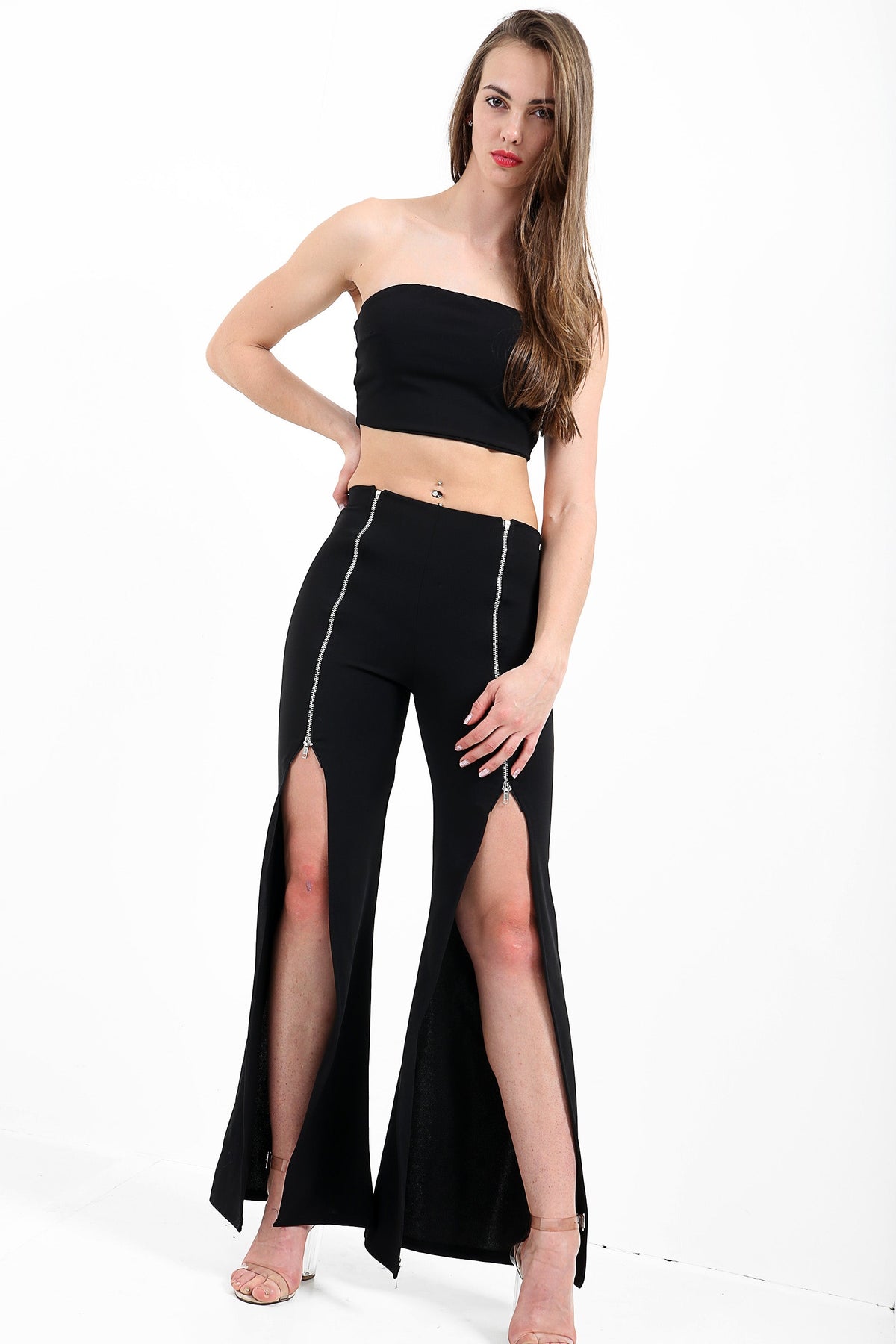 Bandeau Crop Top And Zip Front Trousers Co-Ord
