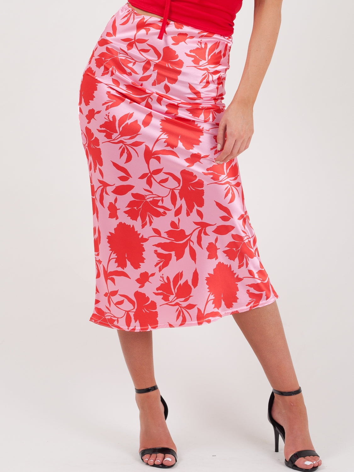 Floral Print Satin Midi Skirt