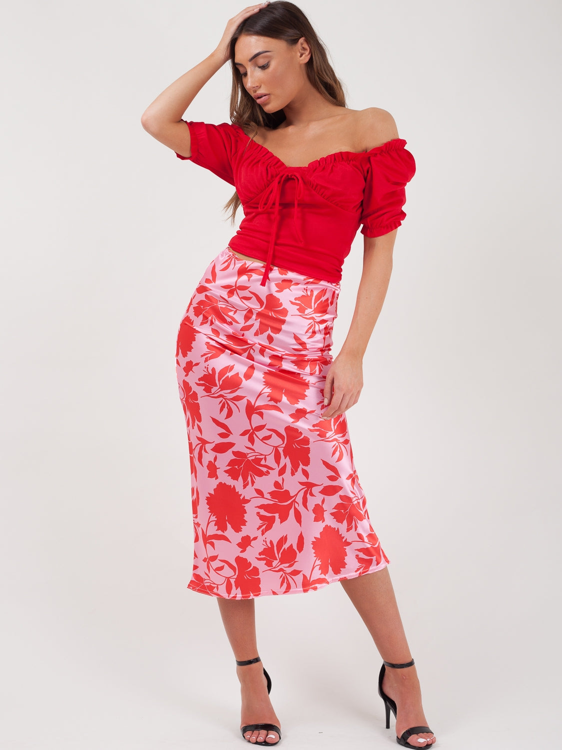 Floral Print Satin Midi Skirt