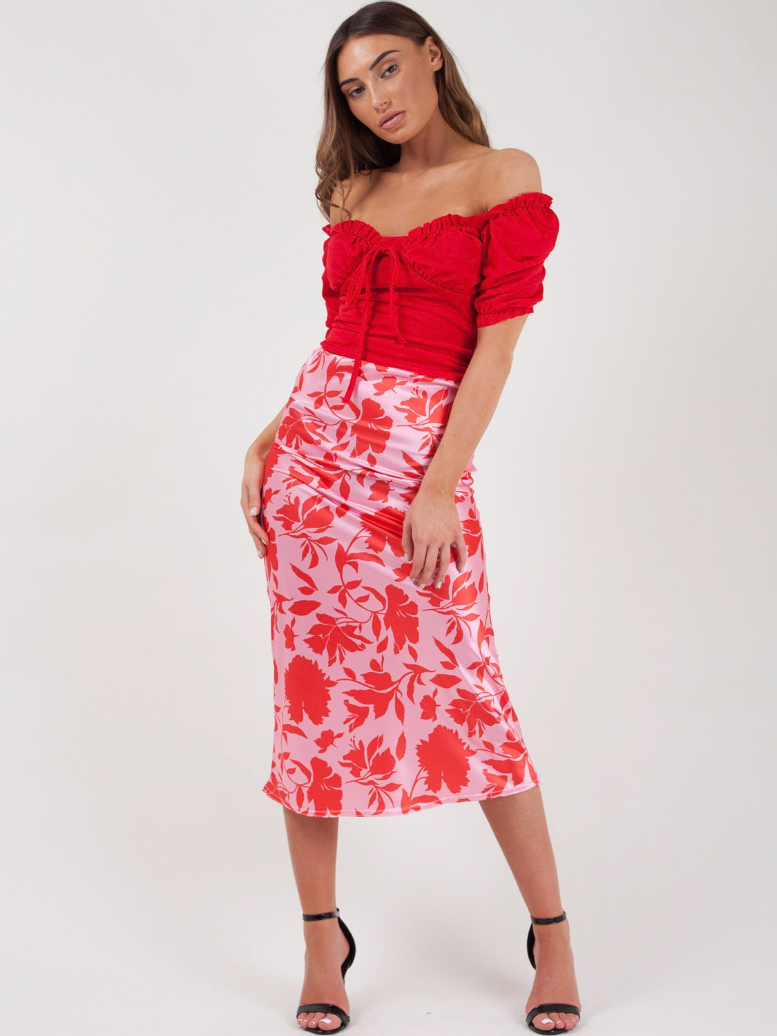Floral Print Satin Midi Skirt