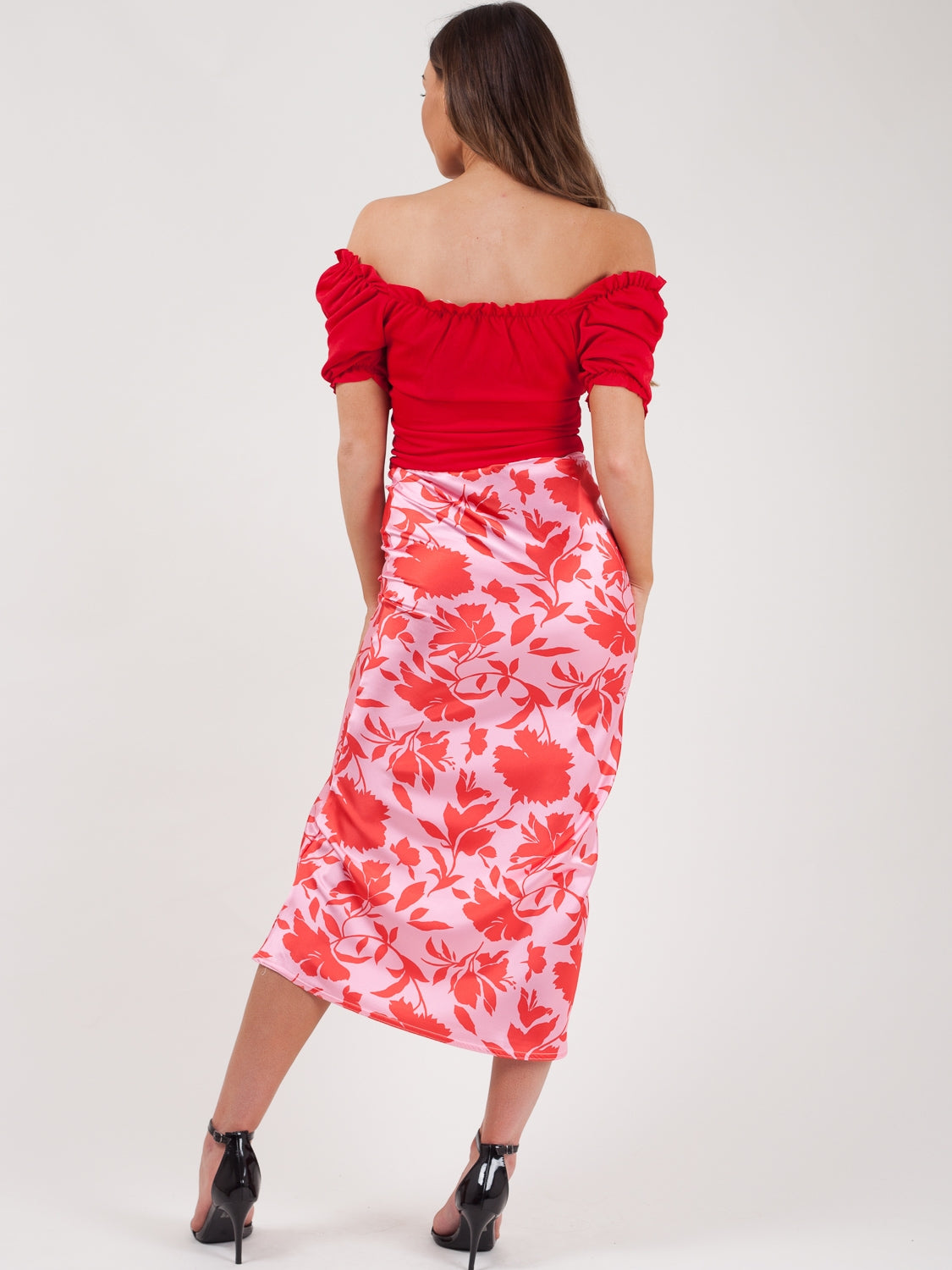 Floral Print Satin Midi Skirt
