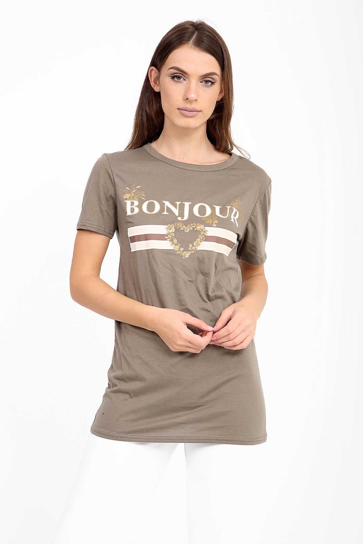 Bonjour Slogan Printed T Shirt