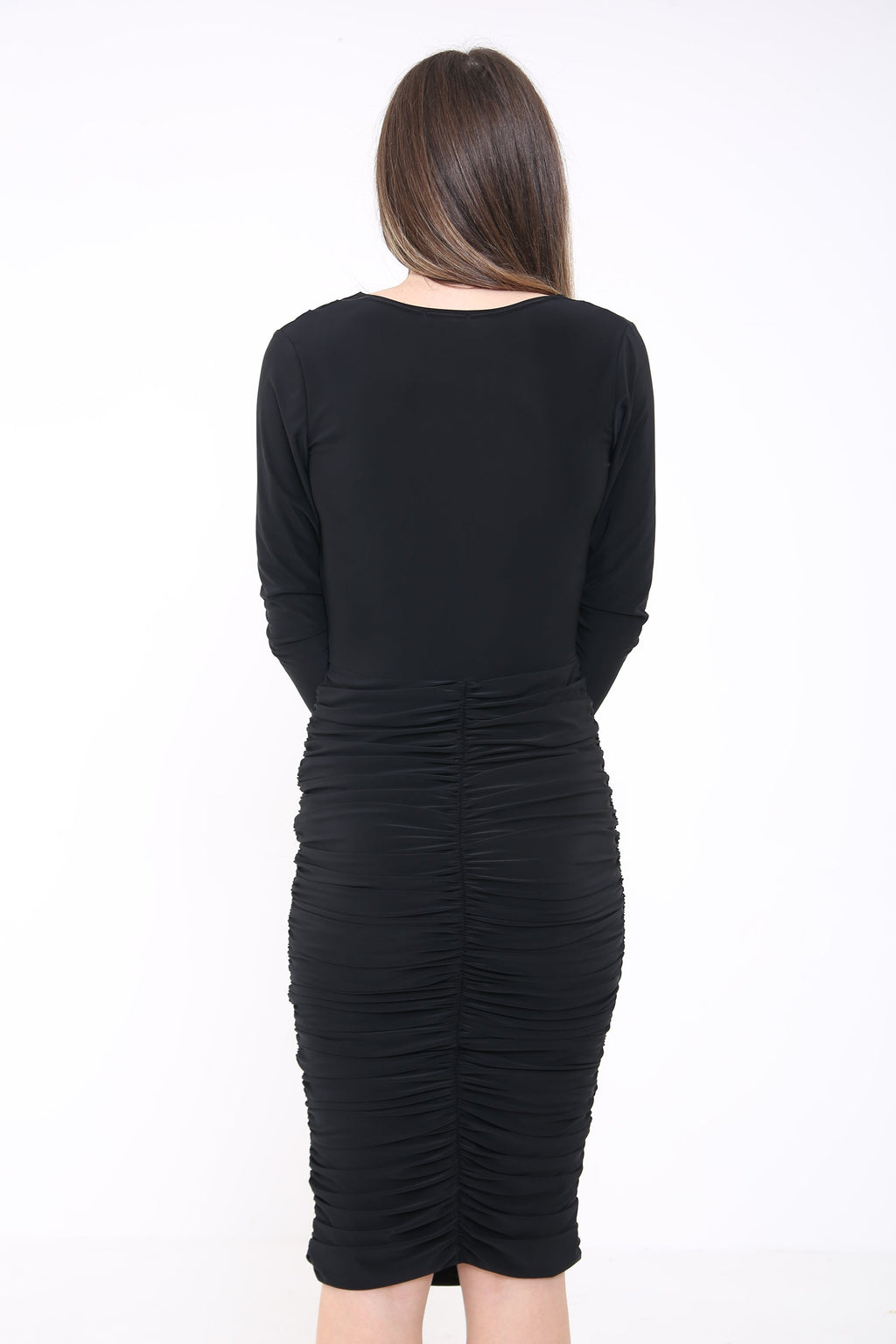 Cowl Neck Ruched Draped Midi Dress