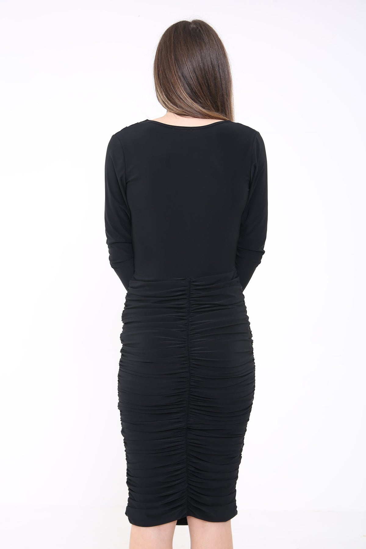 Cowl Neck Ruched Draped Midi Dress