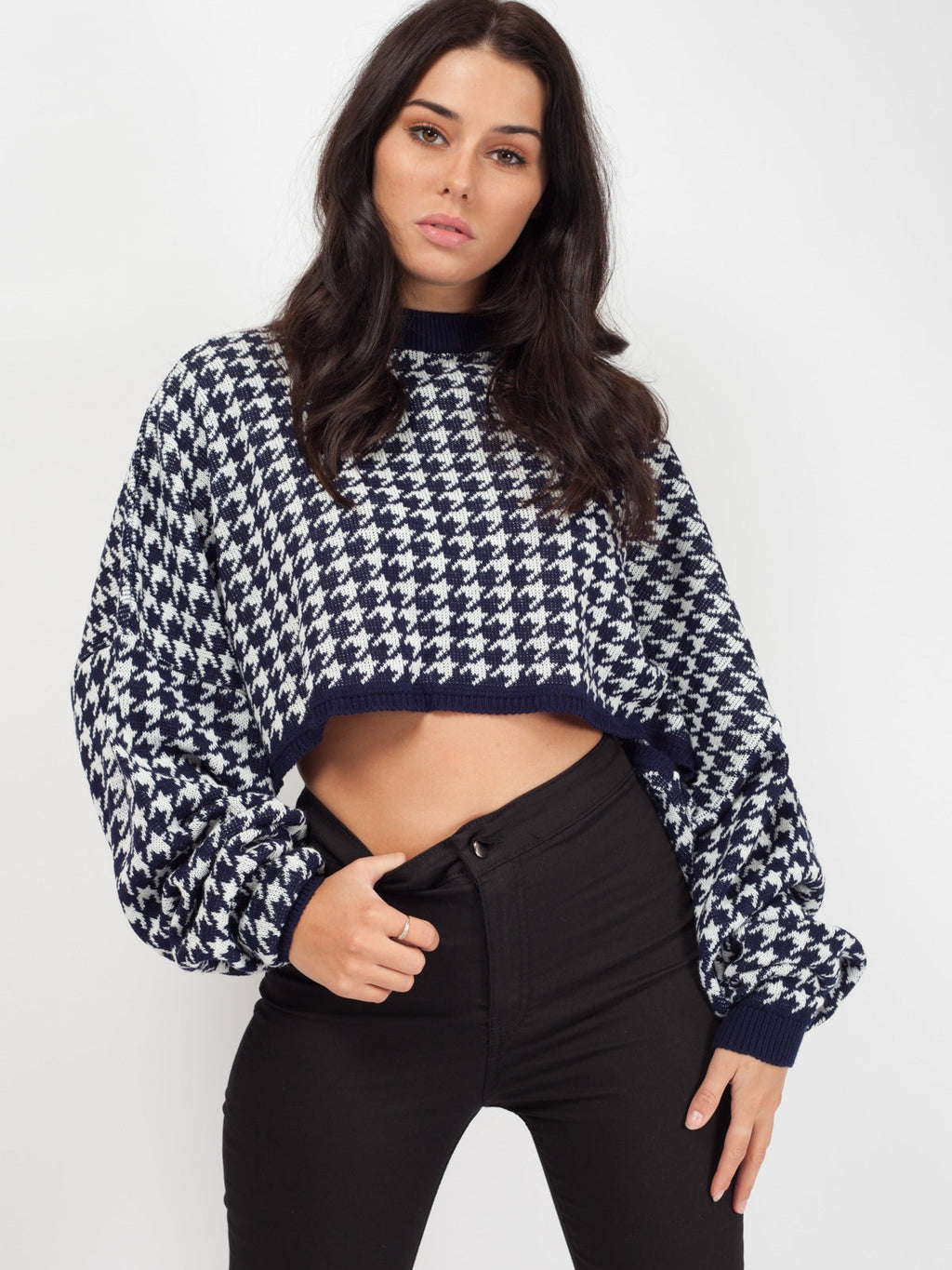 Olivia Hounds-Tooth Cropped Batwing Knitted Jumper