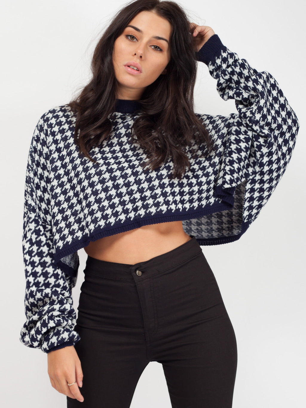 Olivia Hounds-Tooth Cropped Batwing Knitted Jumper